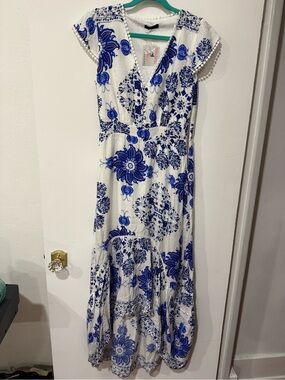 White Maxi Dress with Blue Floral Print